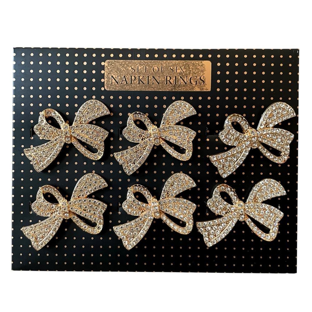 Envogue Holiday Gold Rhinestone Bow Napkin Rings Set of 6 New